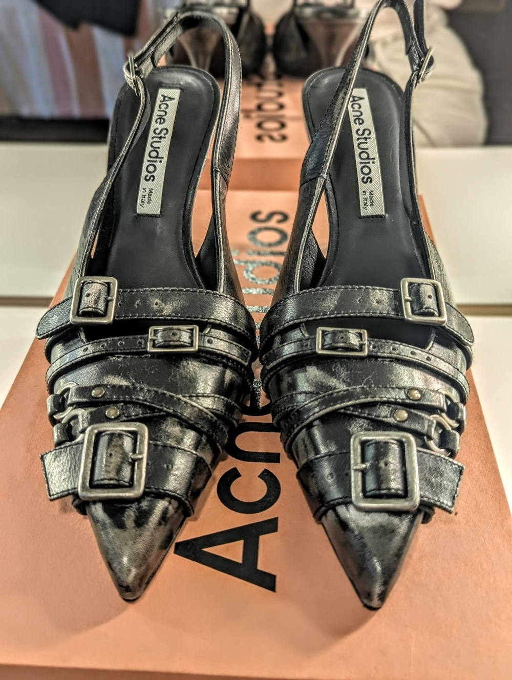 Acne Studios/ Black Distressed Leather Buckle Slingback Heels / 9